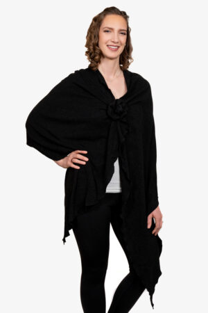 Black Knit Long Shoulder Wrap with rosette