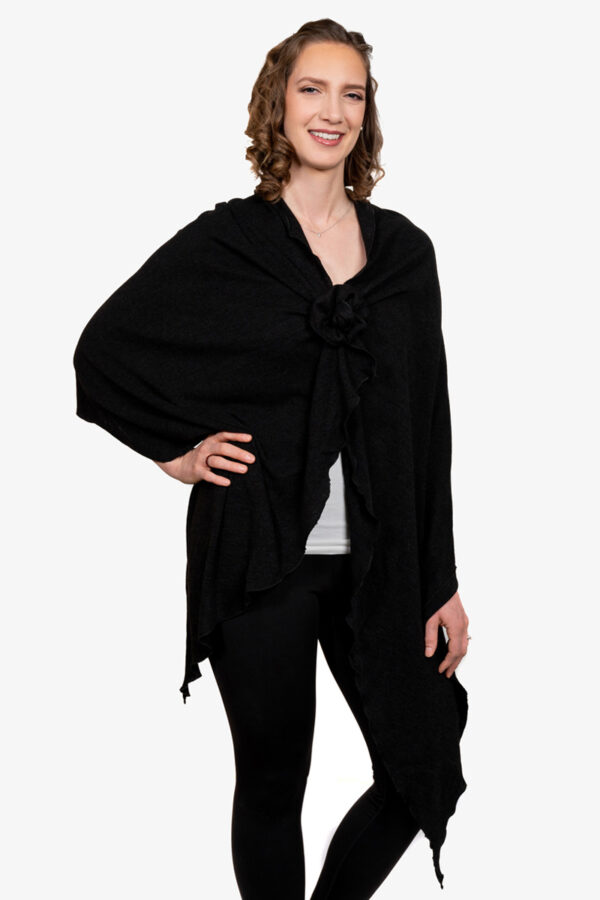 Black Knit Long Shoulder Wrap with rosette