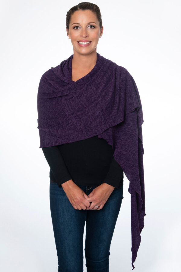 Picture of dark purple knit shoulder wrap that is chemo port accessible and picc line accessible