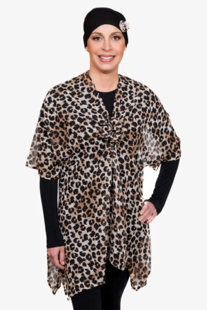 Leopard Print Polyester Kimono and Black Head Wrap with Leopard Print Rosette