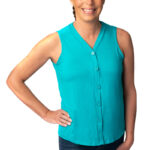 Teal button-up camisole tank top with inner drain pockets for women after mastectomy, recovering from surgery or breast cancer surgery.