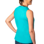 Teal button-up camisole tank top with inner drain pockets for women after mastectomy, recovering from surgery or breast cancer surgery.