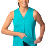 Teal button-up camisole tank top with inner drain pockets for women after mastectomy, recovering from surgery or breast cancer surgery.