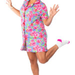Floral post mastectomy nightgown with drain pockets