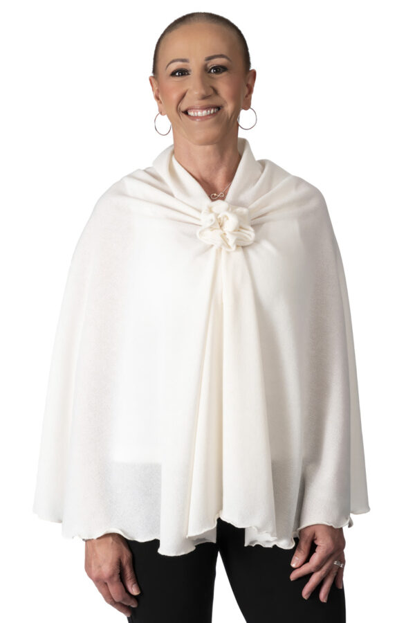 Cream knit shoulder wrap with rosette for post chemo treatment and hospital clothing