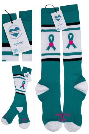 Wrapped in Love x Kelly Ripa x Ovarian Cancer Research Alliance Limited Edition Teal Ribbon Socks